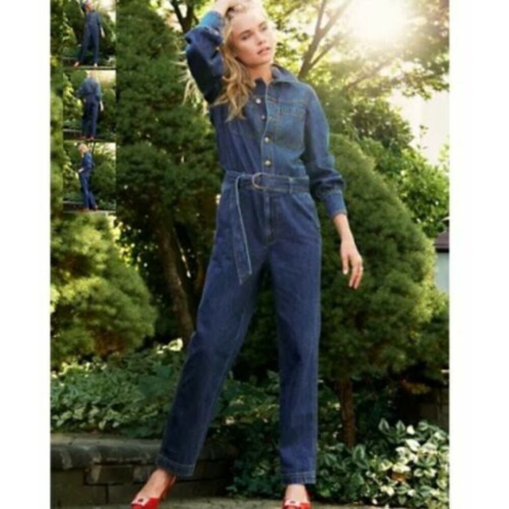 Happy x Nature Kate Hudson Denim Jumpsuit Belted Pockets V-Neck Cotton Size 2